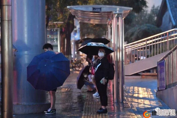下雨天公交车站避雨1：市民纷纷聚集，分享各自的避雨小技巧与温暖故事，展现人间真情